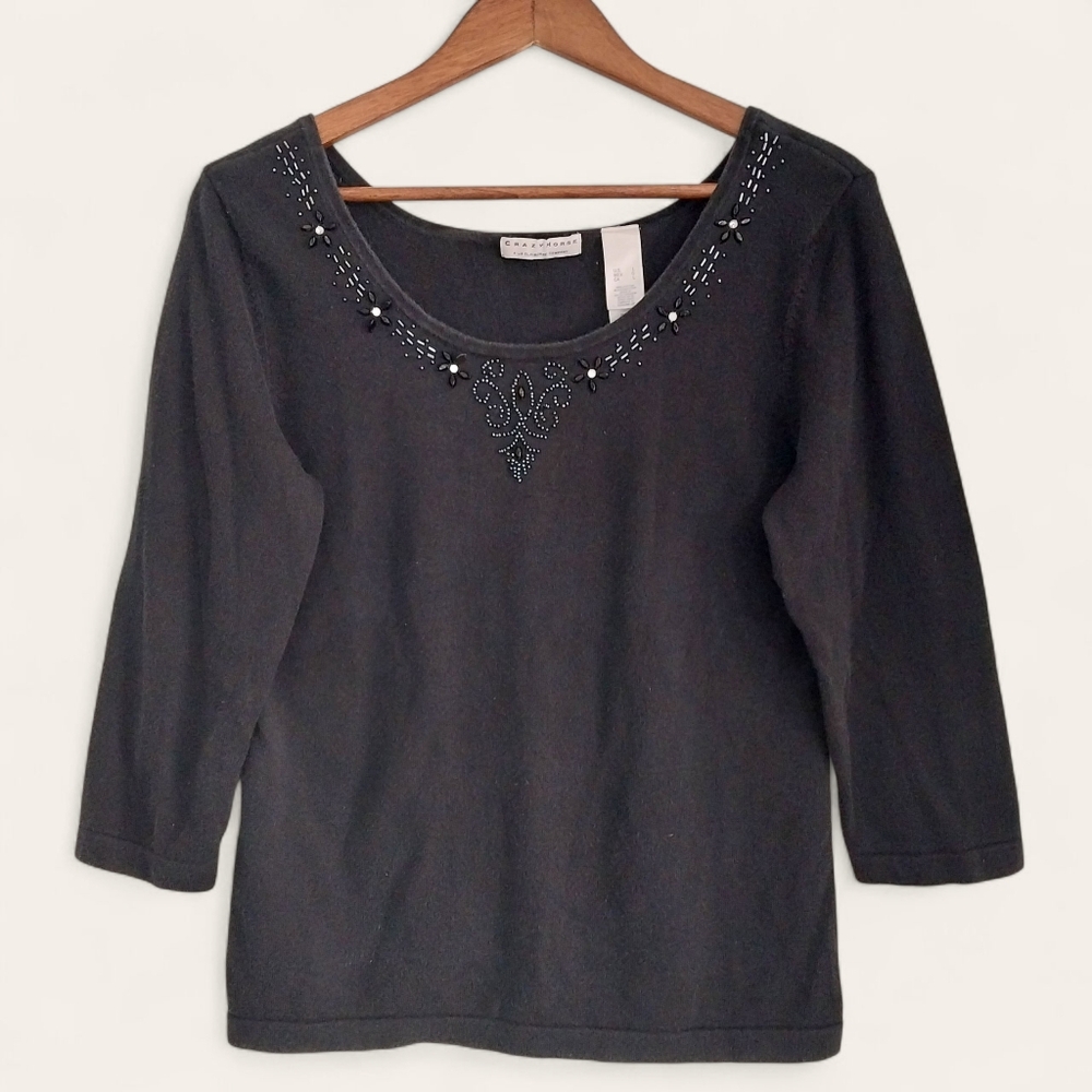 Crazy Horse Liz Claiborne Women's Large Embellished Beaded Black 3/4 Sleeve Top